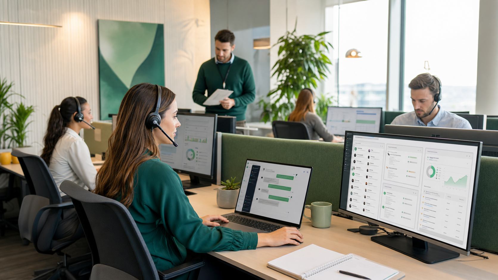 Операторы контакт-центра в гарнитурах работают с CRM, чатами и отчетами в светлом офисе.